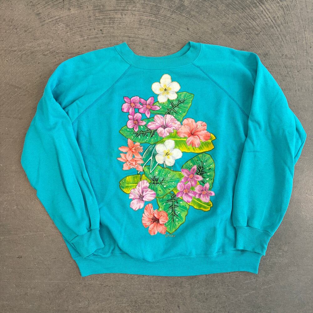 Vintage Y2k Floral Spring Teal Embellished Puff Longsleeve Pullover Crewneck XL
